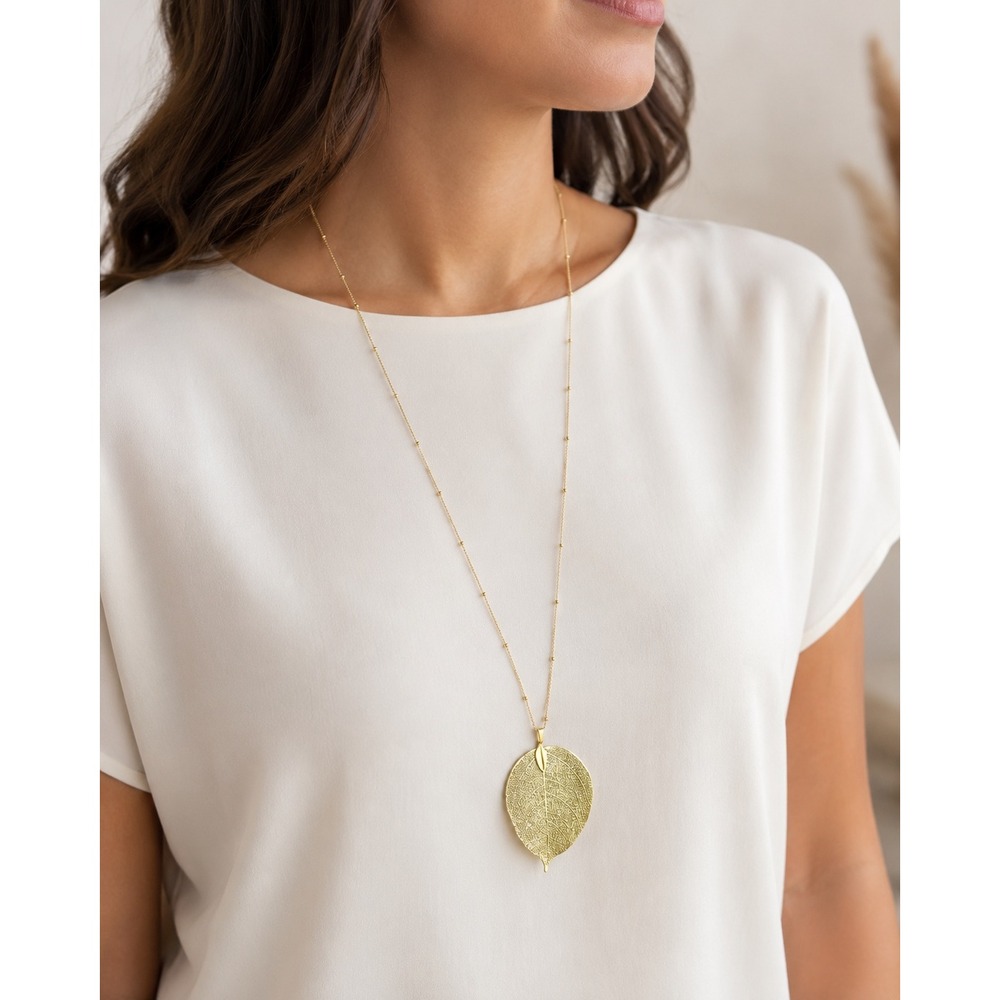 Gold Tone Filigree Leaf Pendant Long Satellite Chain Necklace Boho Statement